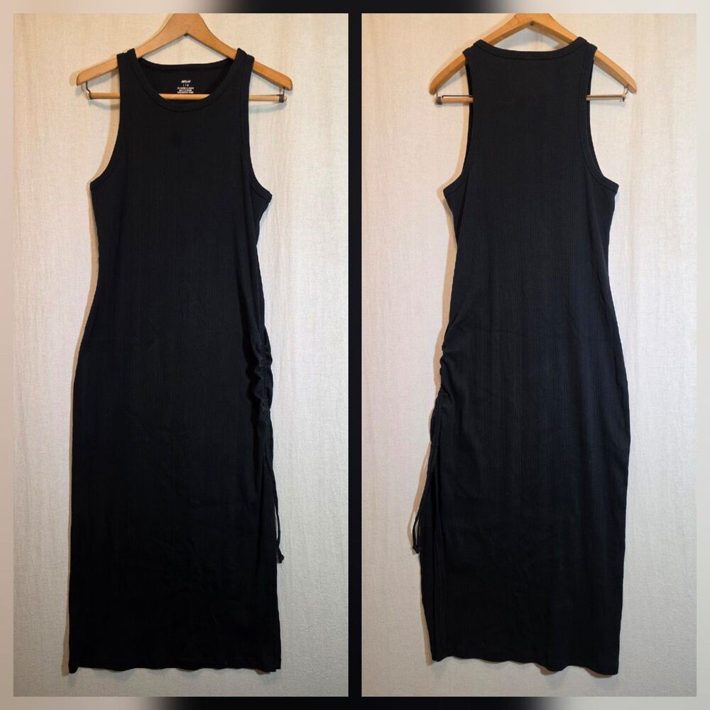 Aerie Womens Large Black Ruched Ribbed Midi Slit Dress Classic Comfort *flaw